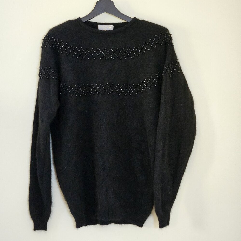 Vtg Angora Wool Blend Sweater Womens M Black LS Embellished Witchy Grandma Goth